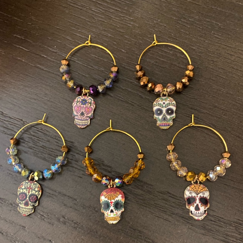 New! Day of the Dead Sugar Skull Wine Charm Set
